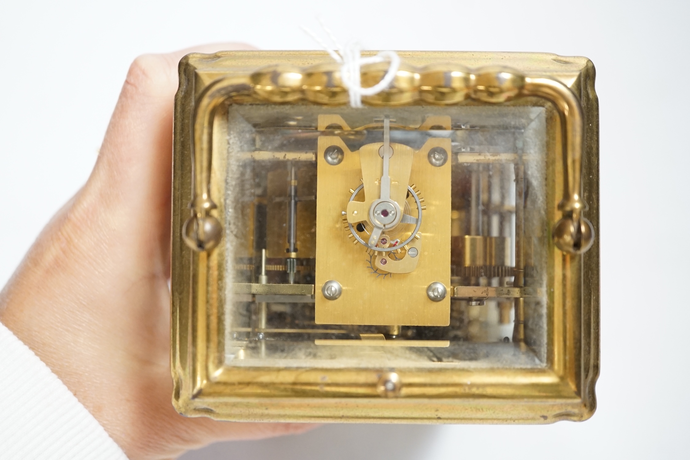 A French L’Epee brass calendar repeating carriage clock, 15cm